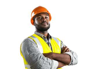 A man wearing a yellow vest and a hard hat stands with his arms crossed. He looks confident and professional