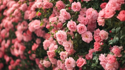 Fototapeta premium Lush pink roses bloom abundantly, creating a vibrant backdrop filled with soft petals and green foliage, perfect for an inviting atmosphere.