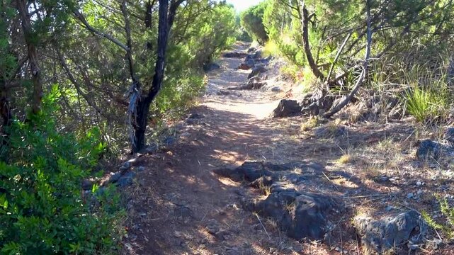 Sunny path to the beach on the hill. Sea village of Marina di Camerota, Salerno, Italy.