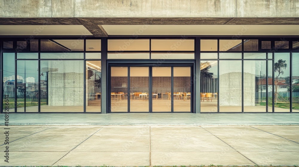 Poster modern building entrance with large glass windows and a concrete structure.
