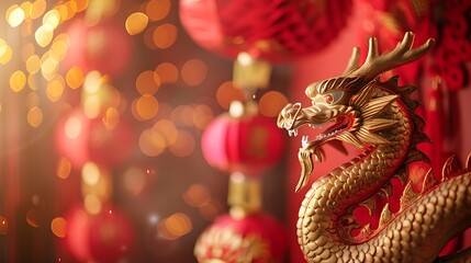 Obraz premium A decorative dragon sculpture amidst red lanterns, symbolizing cultural festivities and traditions.