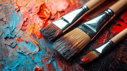 Painting supplies with canvas and brushes, featuring bold reds and deep blues, representing artistic expression and creativity