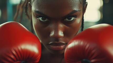 Determined female boxer in red gloves, captured in a close-up that highlights her intense focus and resolve during training.