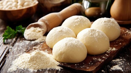 Fototapeta premium Dough preparation essentials featuring five rounded dough balls dusted with flour on a wooden board, surrounded by scattered flour and kitchen tools.