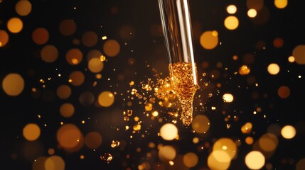 Pipette releasing a shimmering drop of cosmetic serum enriched with glimmering gold particles against a dark backdrop filled with golden bokeh.