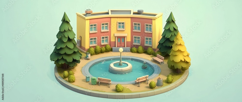 Poster A stylized building with a fountain and benches surrounded by trees in a serene setting.