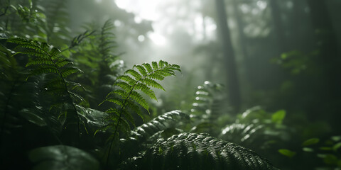 Obraz premium Frondes de samambaia em uma floresta nebulosa