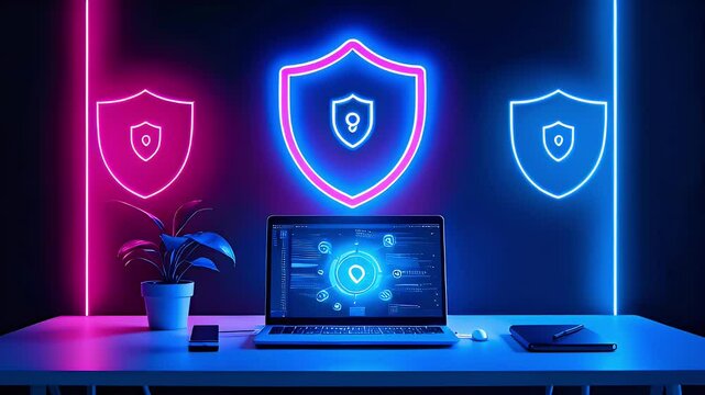 Neon glowing shields on laptop screen depicting online security.