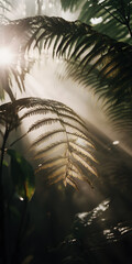 Folhas de samambaia com a luz do sol filtrando através delas