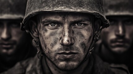 Cinematic Monochrome Portrait of Resilient WWII Soldiers Featuring Intense Expressions and Weathered Faces in Close-Up Shot