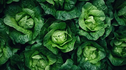 Fototapeta premium Vibrant green lettuce heads in a lush hydroponic garden, showcasing rich foliage and ample space for text or promotions. Ideal for salad recipes.