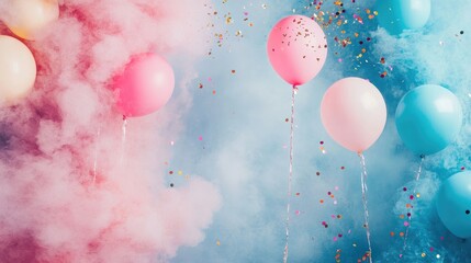 Vibrant gender reveal backdrop with pink and blue balloons surrounded by colorful smoke clouds and scattered confetti in a festive setting