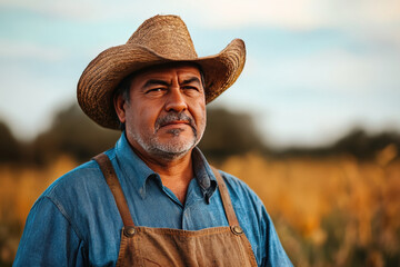 Fototapeta premium A middle-aged Mexican farmer in a straw hat and denim shirt, wearing a rustic apron, standing against a backdrop of golden fields and soft sky.