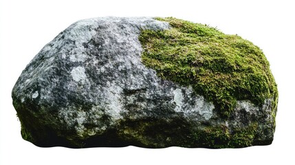 Moss-covered stone with a rugged texture and natural hues, prominently displayed against a clean white background, emphasizing its organic features.