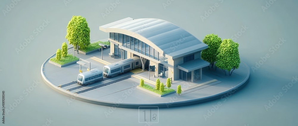Poster a modern train station model with greenery and trains on a circular base.