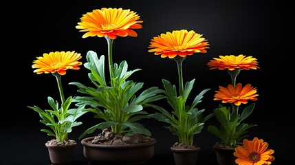 Fototapeta premium Set of orange marigold flowers on white. Stages of flower blooming. Stages of plant growth and development. 