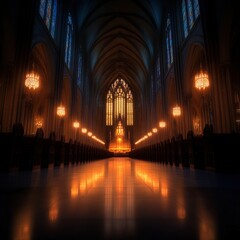 stunning interior of a gothic cathedral with illuminated stained glass windows