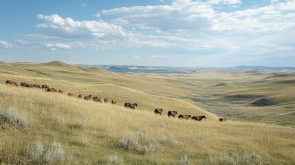 Obraz premium Wild horses graze on a vast, rolling prairie under a partly cloudy sky.