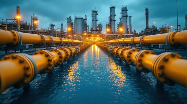Illuminated refinery pipelines reflecting in water at dusk.