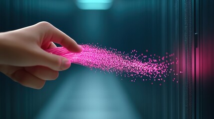 Hand Reaching Towards Data Transmission in a Modern Server Room with Fiber Optic Light and Digital Effects Representing Fast Connectivity and Technology