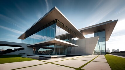 Naklejka premium Contemporary Building Showcasing Modern Construction, Sleek Architecture, and Innovative Urban Design Aesthetics