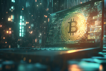 3D rendering of a Bitcoin emerging from a laptop screen, symbolizing digital currency and online transactions.