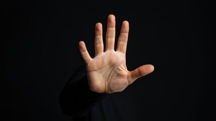 hand raised against dark background, symbolizing stop or halt gesture, conveying message of resistance or refusal. image emphasizes importance of boundaries and personal space