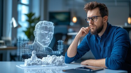 Engineer Studying a High Fidelity 3D Printed Model with a Digital Representation of a Human Face for Innovative Design and Development Purposes in a Modern Workspace