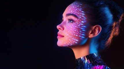 Futuristic Portrait of a Woman with Digital Projections on Her Face in an Artistic Ambient Light Setting