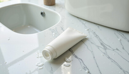 White cosmetic tube on marble countertop with water droplets