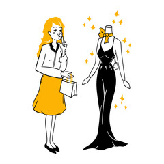 Woman thinking about shopping clothes shop. Stylish girl with paper bag thoughts in fashion store about buying dress on mannequin. Hand drawing cartoon line flat vector illustration isolated on white