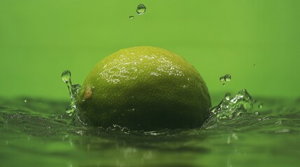 Fresh green lime splashing in water with droplets, set against a vivid green background conveying freshness and vitality.