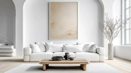 Fototapeta premium Grunge old accent coffee table near white sofa against arched window