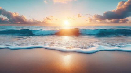 Fototapeta premium Tropical beach at sunset with vibrant sun reflecting on turquoise waves, soft clouds in a blue sky, and clear sand creating a tranquil natural scene