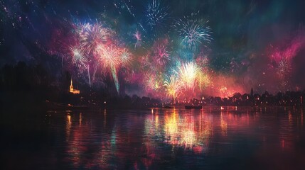 Colorful fireworks explode in a night sky, casting brilliant reflections on the water's surface and lighting up the city skyline in a dazzling display.