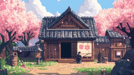 Fototapeta premium Pixel art of an anime dojo with a samurai practicing kendo, surrounded by cherry blossoms.