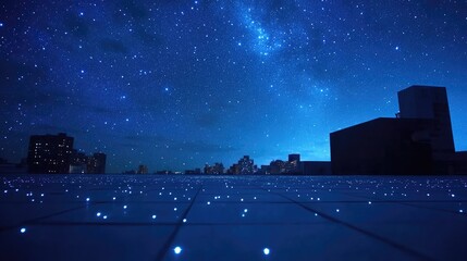Rooftop view of a starry night showcasing a concrete surface speckled with bright stars under a deep blue sky, blending urban life with cosmic beauty.