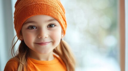 Young girl wearing a bright orange beanie and shirt, smiling warmly while looking directly at the camera, with a soft background.
