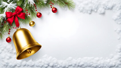 Shiny Christmas bells with red ribbons on a tree, adorned with gold ornaments and a festive bow, capturing the holiday spirit of winter and celebration