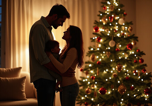 family three stands near decorated christmas tree love joy hearts together forever