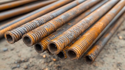 Close-up view of rusted steel reinforcement bars stacked on a construction site, showcasing the textured surface and cylindrical shape of the rods.