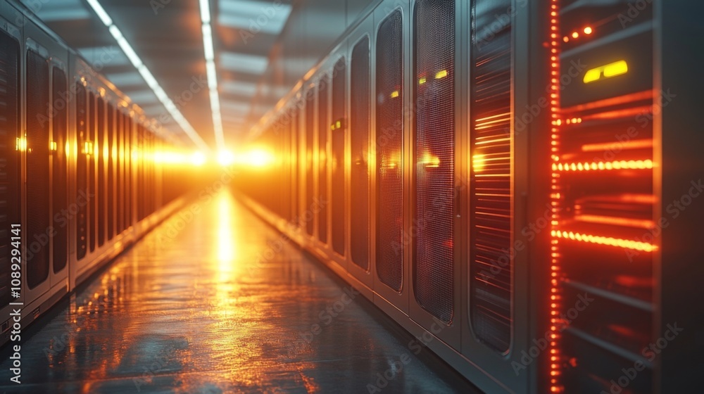 Poster Rows of servers in a data center reflect golden light as the sun sets, creating a warm glow and illuminating the technology environment beautifully.