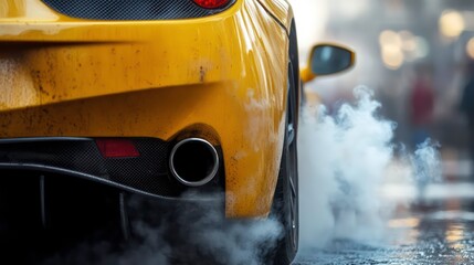 A tight shot of a yellow sports car's back end, emitting smoke from its exhaust pipes