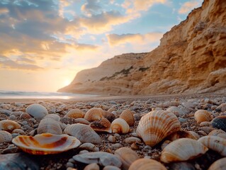 Scenic View of a Rugged Beach with Scattered Seashells at Sunset, Capturing the Beauty of Nature and Coastal Landscapes in High Fidelity
