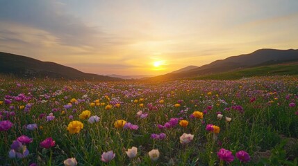 Fototapeta premium Serene Sunset Over Vibrant Flower Field with Hills and Soft Sky Colors