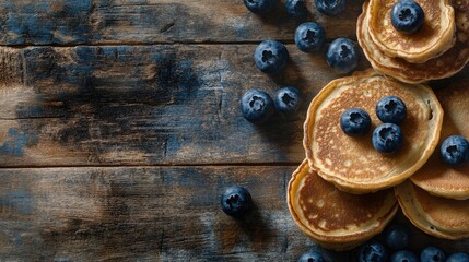 Fototapeta premium Freshly stacked homemade pancakes topped with vibrant blueberries on a textured wooden surface, creating a wholesome breakfast scene with ample space for text.