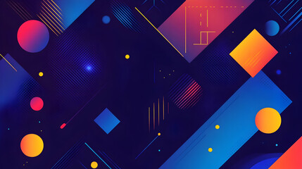 Abstract geometric artwork featuring vibrant colors, circles, squares, and lines on a dark background.
