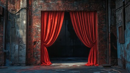 Red Stage Curtains in a Dark, Brick-Walled Room