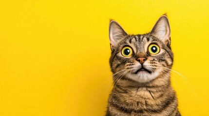 Fototapeta premium Shocked tabby cat with wide open eyes against a bright yellow background, capturing surprise and excitement for Black Friday deals, with space for text.