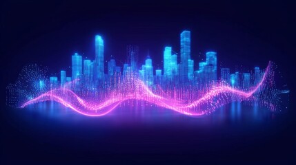 Abstract hologram 3D city rendering with futuristic matrix